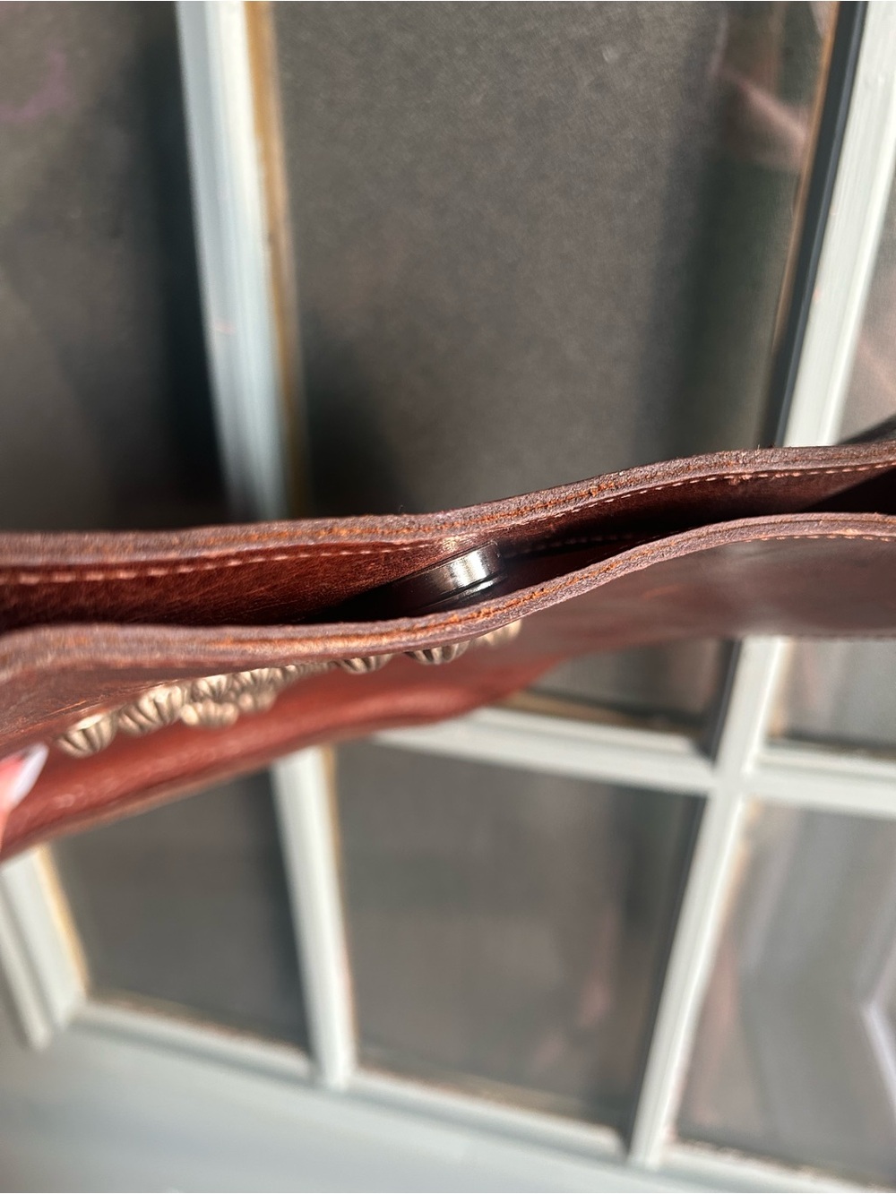 Two Bar West Western Leather Handbag Silver Studded Cross Brown Shoulder Purse - Picture 7 of 11